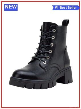 Lace-Up Combat Ankle Boots with Chunky Platform Heel Faux Leather